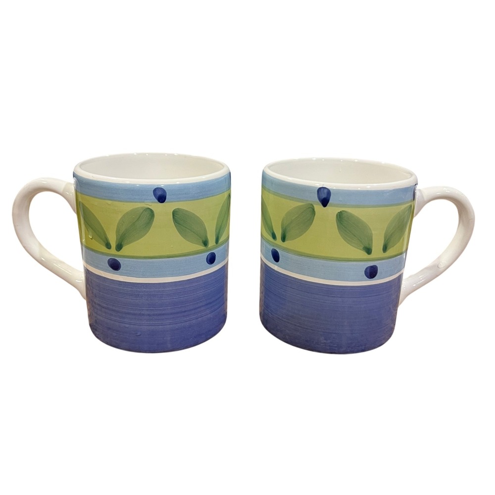 Caleca Italy Blue Moon Mug Set of 2 Hand Painted Ceramic Coffee Cups